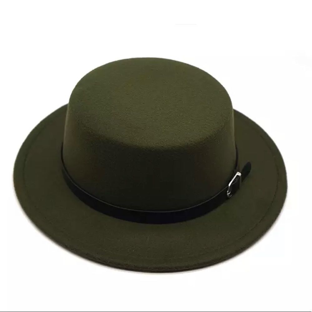 Dark Green Stiff Brim Round Flat Top Black Buckle Band Felt Hat NEW